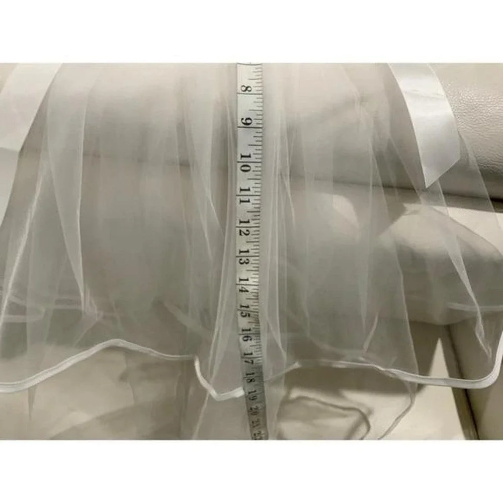 White Tulle Two Tier Bridal Veil with Satin Ribbon Bow and Edge Trim 22in